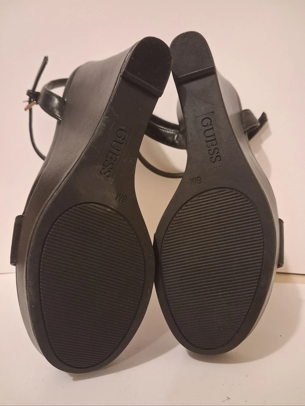 GUESS Black Platform Wedge Sandals Women's Size 6 Ankle Strap Gold Logo
